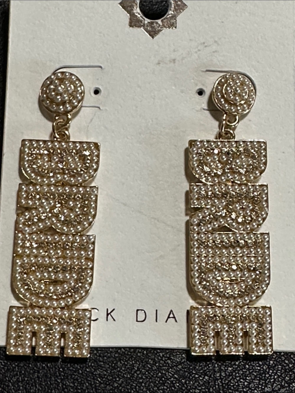 BRIDE Gold Tone Faux Pearl & Rhinestone Post Back Dangle Earrings